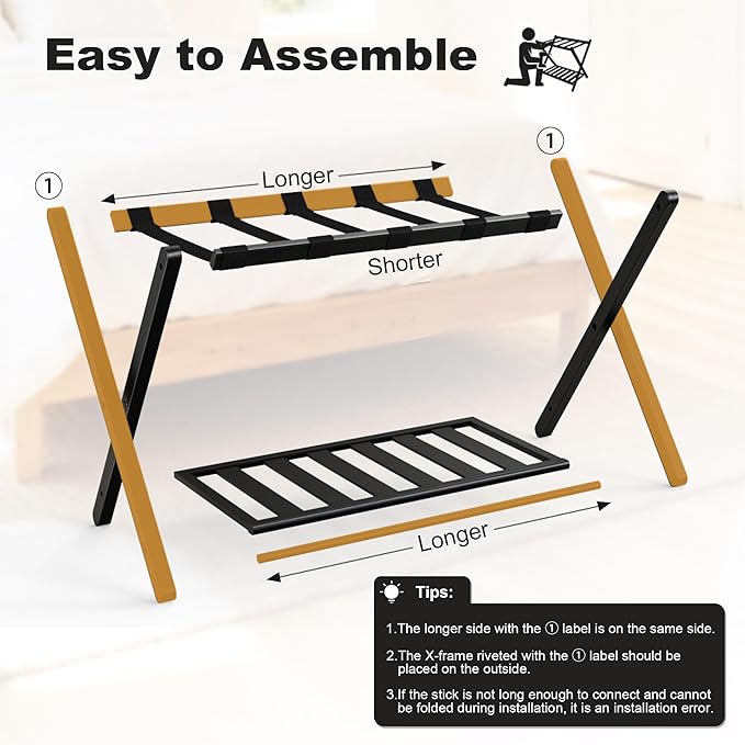 Black Luggage Racks Set of 2, Bamboo 26.77" Luggage Rack Stand for Guest Room, 5 Nylon Straps, Foldable Suitcase Stand with Storage Shelf for Bedroom Hotel, Holds up to 165 Lbs