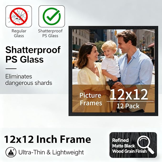 Lyeasw 12x12 Picture Frames Black 12 Pack,Square Matted Wood Grain Lightweight 12 x 12 Photo Frames for Wall Collage and Desk & Home Decor.