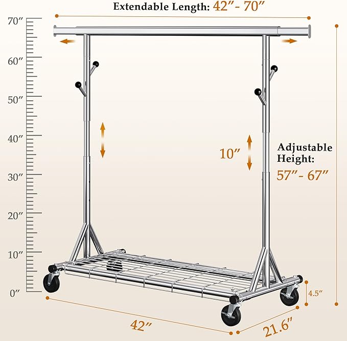 Heavy Duty Clothes Rack Load 630 lbs, Metal Rolling Clothing Rack With Sturdy Wheel And Shelves, Adjustable Portable Hanging Garment Rack For Clothes,Chrome Stainless Steel