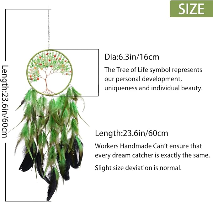 Pretty Jolly Green Tree of Life Dream Catcher Wall Decor with Healing Crystal Stone Handmade Feather Dream Catchers Decoration Wall Hanging Bedroom Living Room Wedding Party Home Decor-25.6"