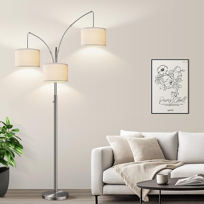 Dimmable Brushed Nickel Floor Lamp, 3 Light Arc Floor Lamp, Modern Tall Standing Tree Lamp with White Shades & Heavy Base, 3000LM Cool White LED Bulbs, Bright Lighting for Living Room, Bedroom, Office