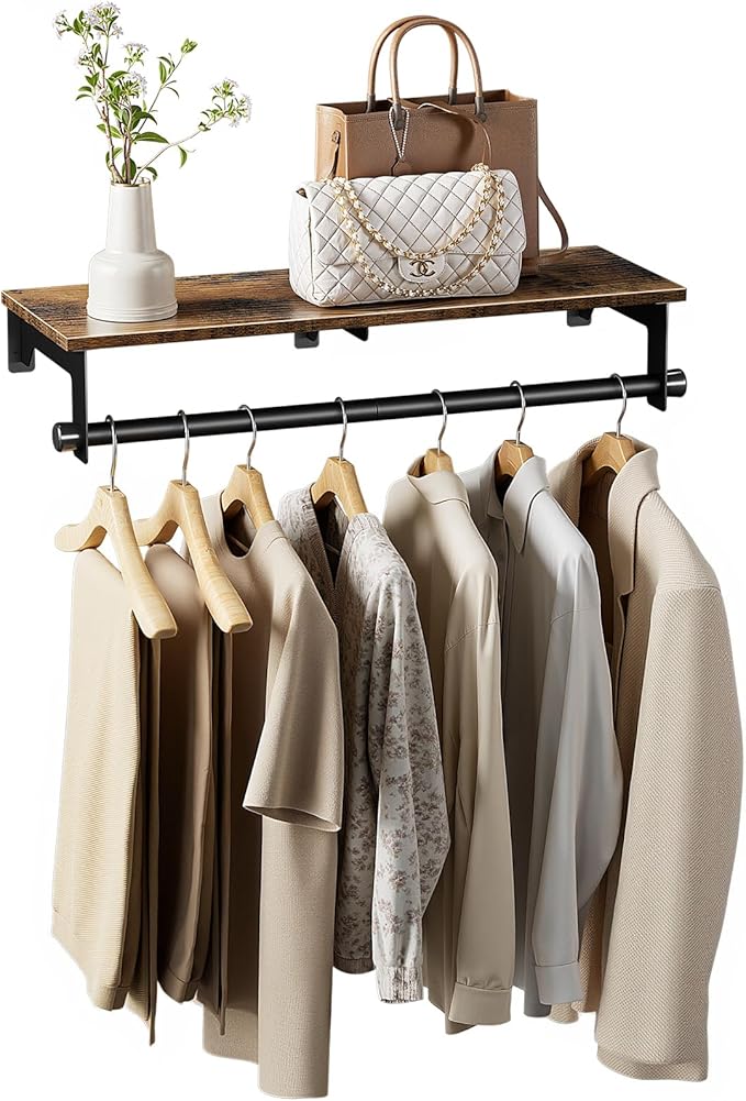Luxspire Clothes Rack 28.7inch, Wall Mounted Garment Racks with Top Shelf for Hanging Clothes, Heavy Duty Industrial Pipe Garment Rack, Laundry Room Shelves Closet Storage, Black + Brown