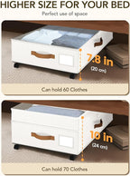 Under Bed Storage with Wheels, 10 inches Under Bed Storage Containers, 65L XXL Large Adjustable Underbed with Lids, Rolling Underbed Storage bins for Shoes, Clothes, Blankets, White