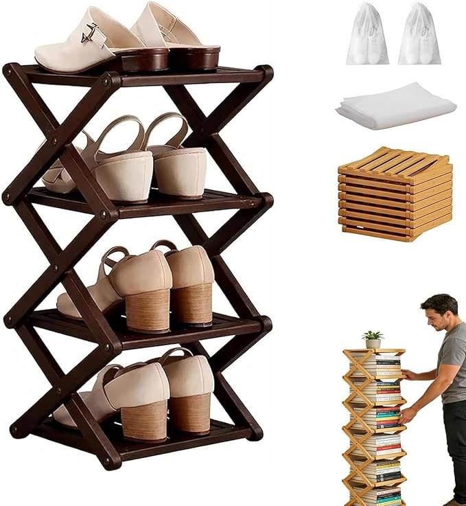 The 4-Tier No-Assembly Bamboo Rack, Bamboo Shoe Rack, Foldable Shoe Rack, Space Saving Collapsible Shelves for Entryway, Closet, Bathroom, Bamboo Shoe Rack, Foldable Shoe Rack (Brown, 4Tier)