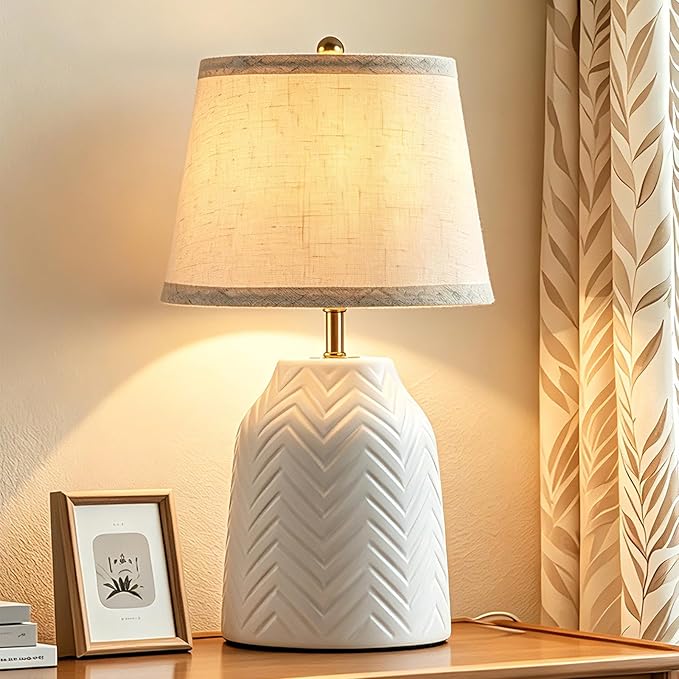 SOTTAE 14'' White Ceramic Table Lamp with Linen Fabric Shade, Leaf Patterned Ceramic Desk Lamp, Mid Century Modern Bedside Nightstand Lamp for Bedroom Living Room Reading Room