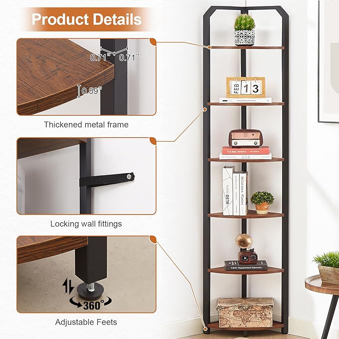 MNEETRUNG 71" Corner Shelf,6 Tier Industrial Corner Bookshelf, Freestanding Shelf Stand for Small Space,Home Office,Living Room,Bedroom,Brown