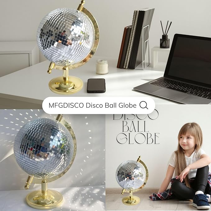 Disco Ball Globe Home Decor Statues Classic Tabletop Art Sculpture Gold Discoball Unique Western Modern Decorative Aesthetic Sculptures, 6.5" x 6" x 9",Bright Gold