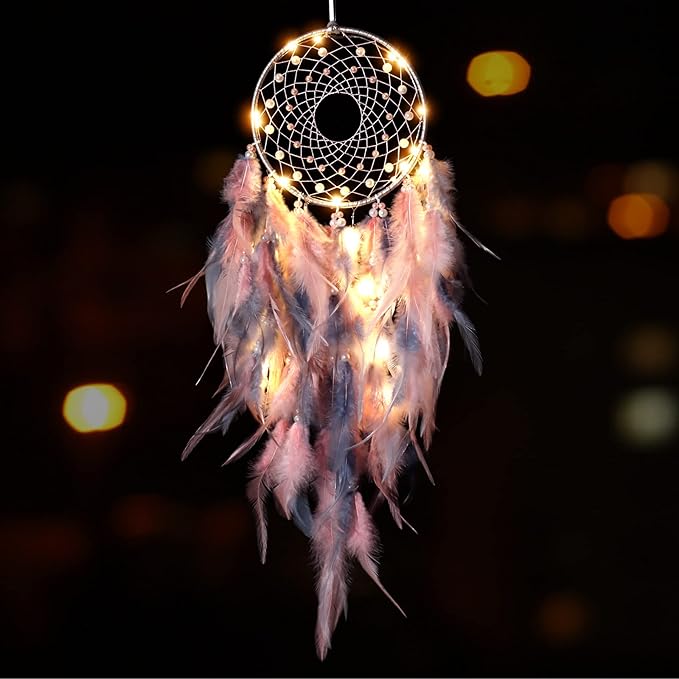 KHOYIME LED Dream Catcher Light Up Handmade Feather Dreamcatchers Boho Wall Hanging for Girls Kids Bedroom Bohemian Home Decor Wedding Ornament Craft Gift (Pink&Grey)