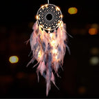 KHOYIME LED Dream Catcher Light Up Handmade Feather Dreamcatchers Boho Wall Hanging for Girls Kids Bedroom Bohemian Home Decor Wedding Ornament Craft Gift (Pink&Grey)
