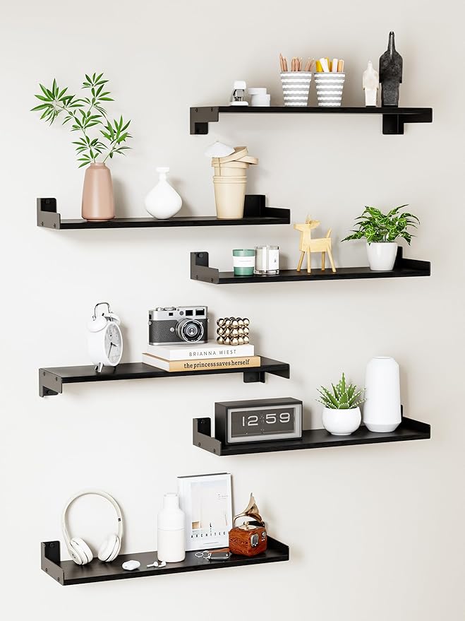 Floating Shelves for Wall, Shelves for Decor Storage Set of 6, Wall Mounted Wood Shelf for Bedroom, Living Room, Bathroom, Kitchen,Long Picture Ledge Shelves.(Black)