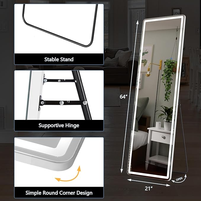 DUMOS LED Full Length Mirror, 20"x63" Full Body Floor Standing Mirror with 3 Color Lights & Wall Mounted for Bedroom, Dressing Room, Living Room, Bathroom