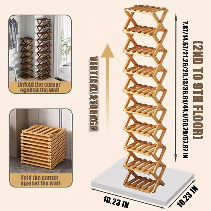 The 9-Tier No-Assembly Bamboo Rack, Foldable Space-Saving Organizer for Shoes, No Assembly Narrow Shoe Shelf for Entryway Closet Dorm (Brown, 3)