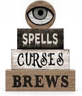 Moucuny 4 Pcs Halloween Table Decor Witchy Wooden Stacked Block Decor, "Spells Curses Brews" Signs with Eyeball Topper, Rustic Gothic Halloween Tiered Tray Decoration for Home Office Kitchen Shelf