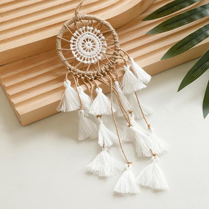 Artilady Small Dream Catcher for Cars - Bohemian Mini Dream Catchers for Cars Rear View Mirror Hanging Decoration (White)