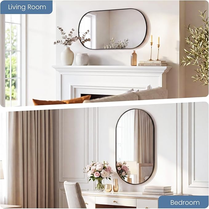 Sweetcrispy 24" x 36" Black Bathroom Mirrors for Wall, Oval Wall Mirror with Metal Frame, Tempered Glass, Modern Vanity Mirror for Over Sink, Living Room, Bedroom, Entryway, Horizontal or Vertical