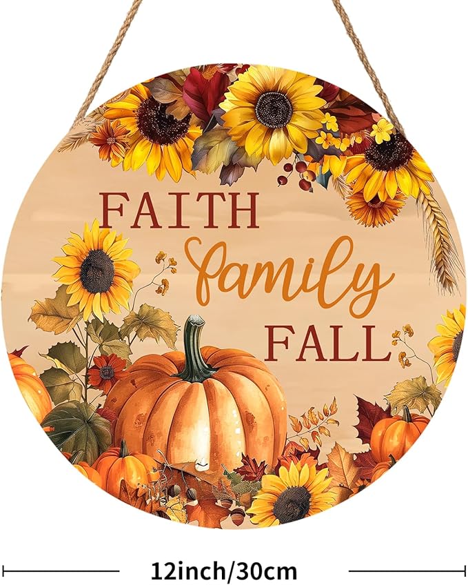 Faith Family Fall Front Door Sign Fall Sunflower Pumpkin Door Decorations Wood Sign Autumn Harvest Wreath Door Hanger Farmhouse Fall Plaques Wall Hanging Decoration for Home Proch Yard 12"x12"