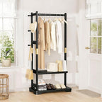 Solid Wood Clothes Rack with 2 Shelves & 4 Hooks for Hanging Clothes Garment Wallets Hats, Black Clothing Rack Heavy Duty Coat Rack Freestanding with Storage Hall Tree for Hallway Bedroom Living Room