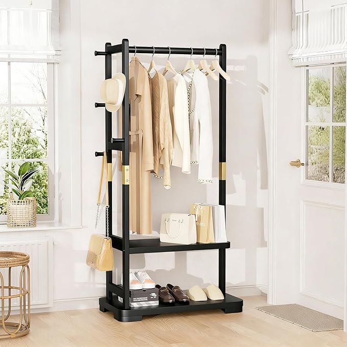 Solid Wood Clothes Rack with 2 Shelves & 4 Hooks for Hanging Clothes Garment Wallets Hats, Black Clothing Rack Heavy Duty Coat Rack Freestanding with Storage Hall Tree for Hallway Bedroom Living Room