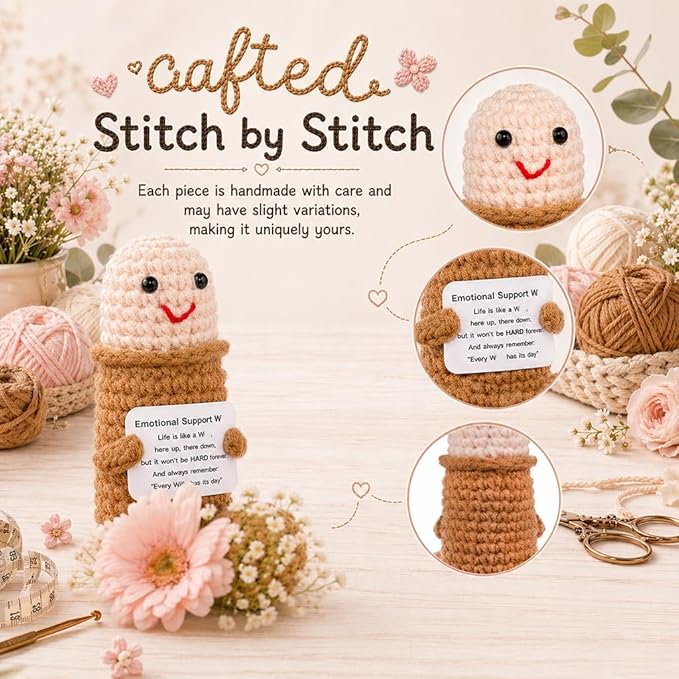 Positive Crochet Gift, Handmade Emotional Support Crochet Figure with Message Card, Knitted Keepsake Desk Decor for Women Friends Coworkers, Birthday