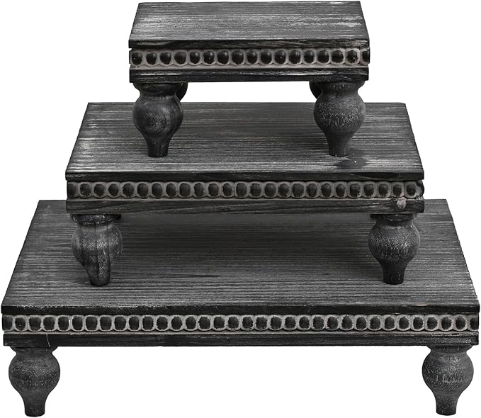 Swallowliving 3 Pcs Set Farmhouse Wood Risers for Display Decorative, Rustic Shabby Chic Tiered Tray for Kitchen Counter, Coffee Bar Table, Dining Room, Wooden Rectangle Beaded Pedestal Stand for Food, Black