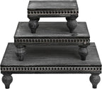 Swallowliving 3 Pcs Set Farmhouse Wood Risers for Display Decorative, Rustic Shabby Chic Tiered Tray for Kitchen Counter, Coffee Bar Table, Dining Room, Wooden Rectangle Beaded Pedestal Stand for Food, Black