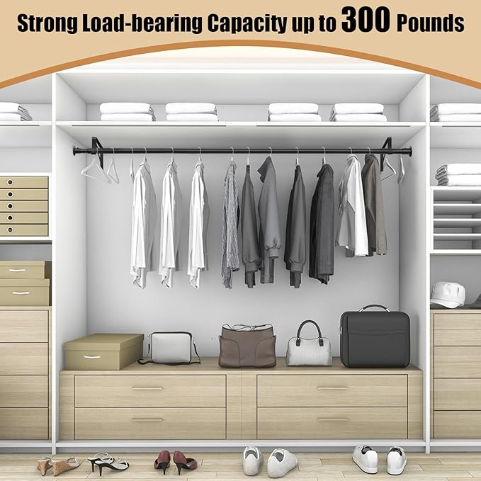 Closet Rod, 16 to 51 Inch Closet Rods Heavy Duty Adjustable Wardrobe Poles for Hanging Clothes and Heavy Duty Bracket Closet Pole Support (The Shelf NOT Included)(Black)
