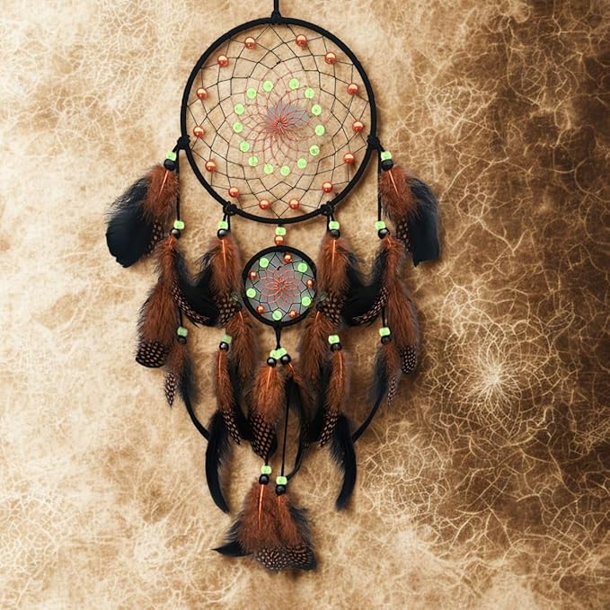 Dream Catchers with Luminous Beads Dream Catchers for Adults Handmade Native American Hanging Wall Decor Ornament for Bedroom Brown