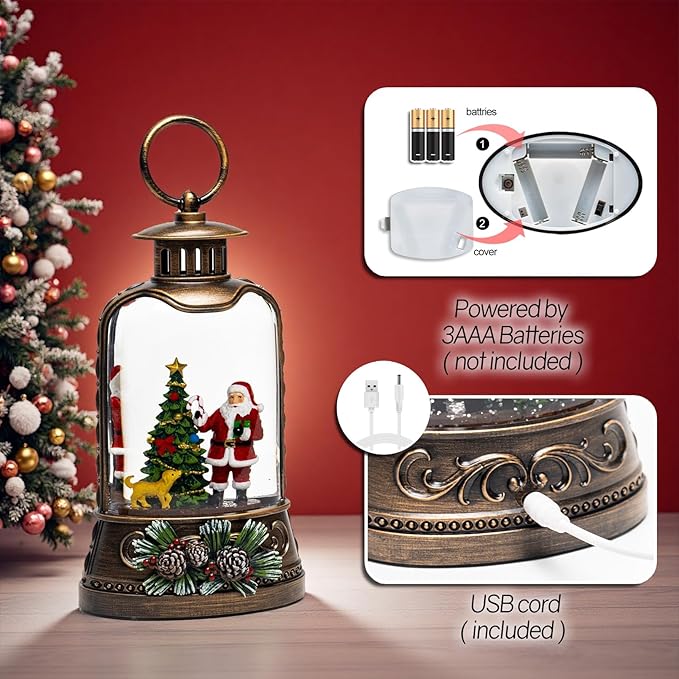 9.6" Christmas Snow Globe Lantern with Santa Claus - Water Swirling Glitter LED Light Musical Lantern with Exterior Decor - Vintage Xmas Gifts - USB Plug or Battery Operated Home Decor (Santa & Dog)