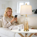 Glass Table Lamps Set of 2, Modern Bedside Lamps for Bedrooms with 3-Way Dimmable Touch Control Nightstand Lamp with White Lampshade USB A+C Ports, 27.5" Large Lamps for Living Room Decor, Champagne