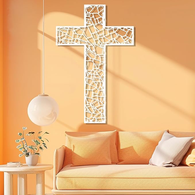 WORGO White Metal Cross Wall Decor Iron Christian Cross for Home Church, Hollow Out Artistic Hanging Ornament, Crosses Wall Decor for Living Room, Bedroom, Decorative Thankful Religious Gift 35.4x23.5 inch