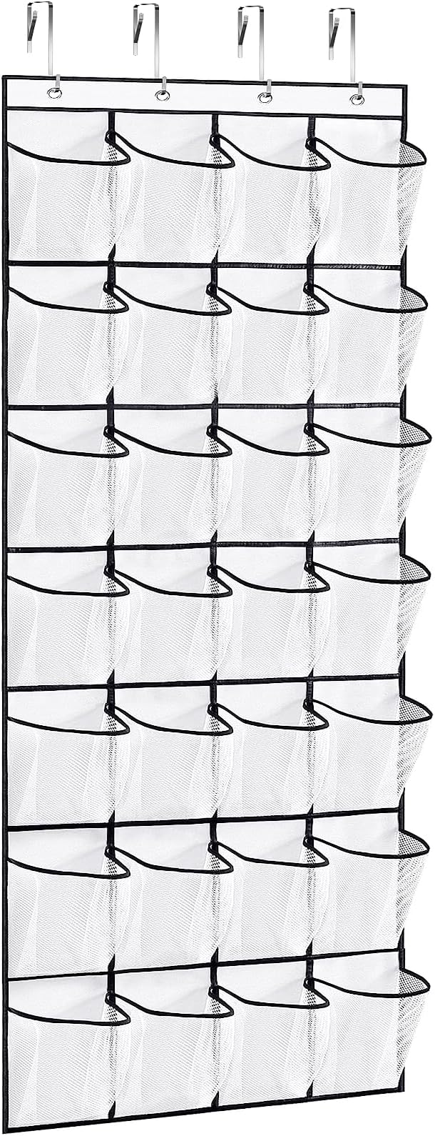 28Large Pockets Over The Door Shoe Organizer, Hanging Shoe Organizer for Closet, Premium Clear Shoe Rack for Door, Shoes Hanger Organizers Storage Holder for Back of Door and 4Metal Hook White