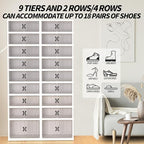 GCCSJ 9-Tier Foldable Shoe Rack Organizer, Plastic Collapsible Shoe Shelf, Folding Shoe Box Storage Cabinet with Magnetic Clear Door Easy Assembly (White, 9 Tiers 36 Pairs)