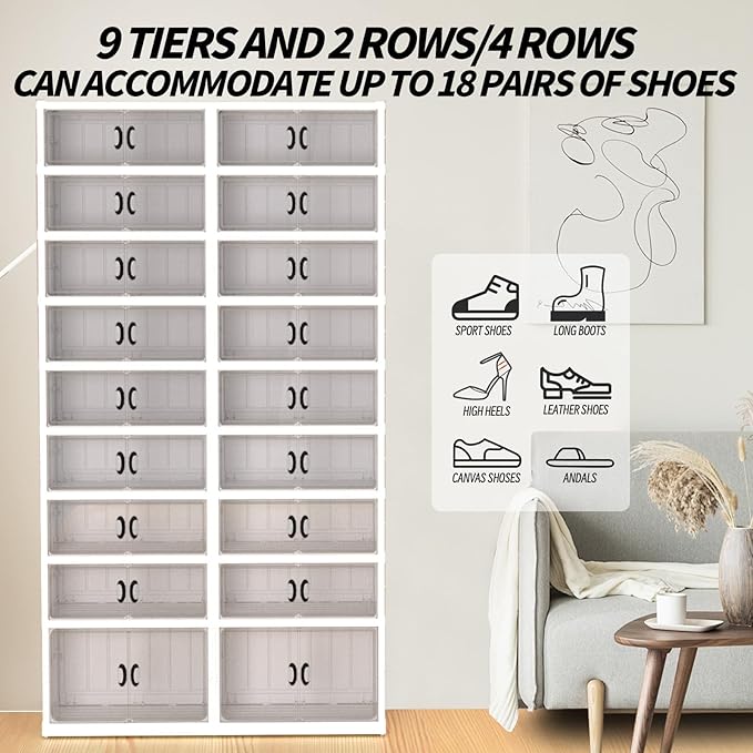 GCCSJ 9-Tier Foldable Shoe Rack Organizer, Plastic Collapsible Shoe Shelf, Folding Shoe Box Storage Cabinet with Magnetic Clear Door Easy Assembly (White, 9 Tiers 36 Pairs)