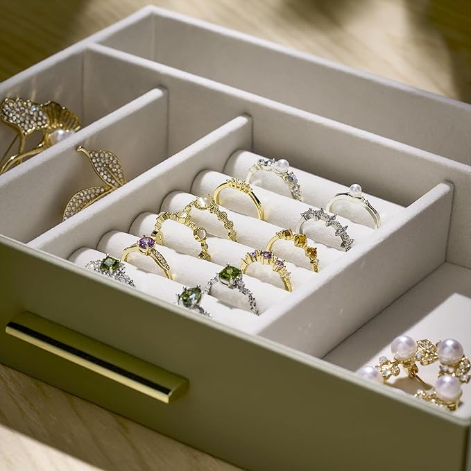 Jewelry Box Organizer Case for Women: 4-Layer Jewelry Storage Case with Glass Window, Olive Green Leather with Cream Velvet, Holder for Ring Necklace Bracelet Brooch Watch, Great Gift for Her