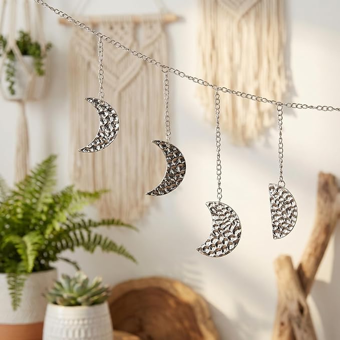 Moon Phase Garland Sliver Hammered Metal - Celestial Boho Wall Hanging Decor Moon Phases Ornament for Bedroom Aesthetic Above Bed Living Room Home Decor