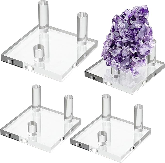 Hipiwe Clear Acrylic Display Stand - Three-Peg Display Easel Stands for Fossil Coral Geodes Rock Mineral Agate Small Collectibles, Set of 4