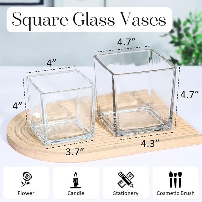 KEYWING 6 Pack Square Glass Vase 5" x 5" x 5", Clear Flower Vases for Centerpieces, Square Flower Vase Candle Holder for Wedding, Party, Home Office Decoration