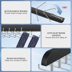 Tie Rack Hanger for Closet 20 Foldable Hooks, 2 Pack Wooden Non Slip Large Capacity Space Saving Tie and Belt Organizer with 360°Rotating Hooks for Tank Tops Bras Scarves Hat