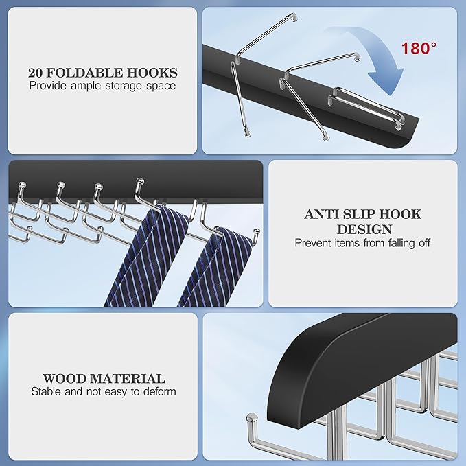 Tie Rack Hanger for Closet 20 Foldable Hooks, 1 Pack Wooden Non Slip Large Capacity Space Saving Tie and Belt Organizer with 360°Rotating Hooks for Tank Tops Bras Scarves Hat
