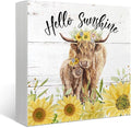 Mtrgdn Summer Decor,Sunflower Highland Cow Decorations, Tiered Tray Decor Western Cow Farmhouse Hello Sunshine Wood Box Sign for Desk Wall Shelf,Gift for Highland Cow Lovers 5x5 Inch