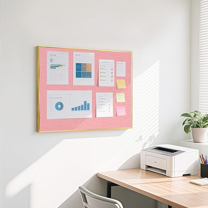 Linen Bulletin Board 24" x 18", Fabric Pin Board with Gold Aluminum Frame, Decorative Vision Board for Home Office, Bedroom & Dorm Wall Decor, Includes 10 Push Pins, Pink
