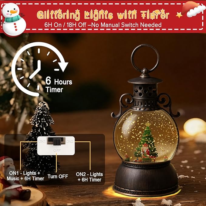 Christmas Snow Globe Lantern - Lighted Musical Water Globes with 6H Timer, Glittering Swirling Nutcracker & Train Scene, Battery/USB Powered Holiday Decoration for Indoor Christmas Decor & Gifts