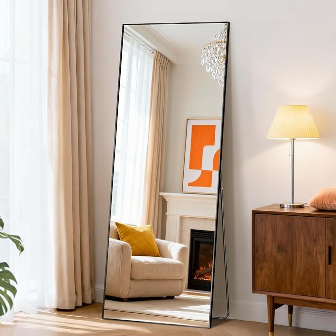 DUMOS 56"x15" Full Length Mirror, Full Body Mirror with Aluminum Alloy Thin Frame, Standing Mirrors with Leaning or Hanging, Suitable for Bedroom, Livingroom, Cloakroom, Black