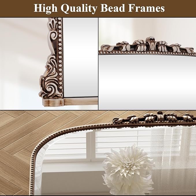 32x24 Beaded Arched Mirror, Bathroom Mirror for Over Sink, Metal Frame Wall Decor for Entryway, Bedroom, Living Room, Silver