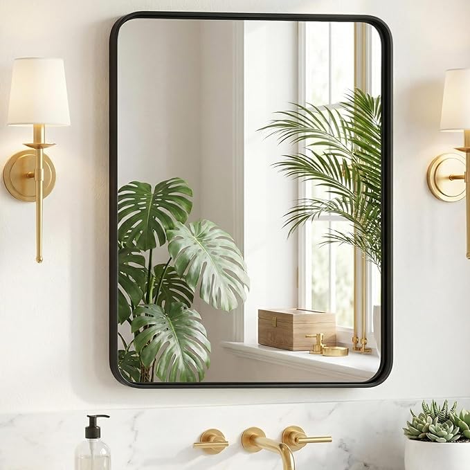 Sweetcrispy Bathroom Wall Mirror, 32x24 Inch Wall Mount Mirror for Over Sink, Modern Rounded Rectangle Vanity Mirrors with Matte Metal Framed, for Home Decor, Living Room, Bedroom, Black
