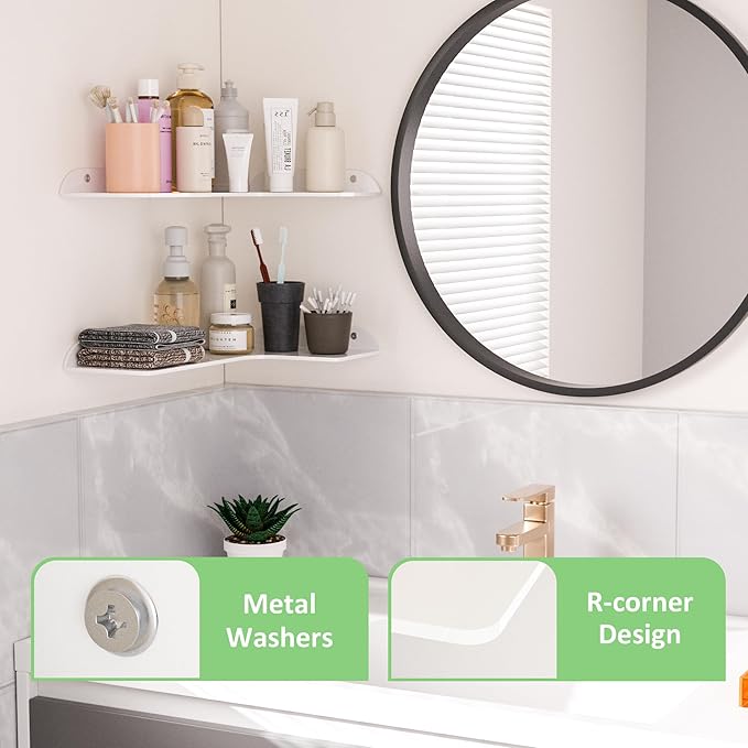 Sezanrpt 8x11.8 Inch Corner Shelf Wall Mount Set of 2, White Acrylic Corner Floating Shelves, Wall Organizer Shelf for Bathroom, Kitchen, Bedroom, Living Room, Dining Room, Office