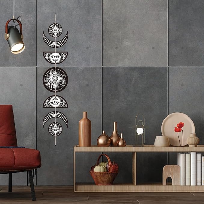 CREATCABIN 7Pcs Devil's Eye Moon Cycle Home Decor Bohemian Moon Phase Wall Hanging Ornament Wooden Moon Wall Vertical Decorative Hang for Bedroom Family Farmhouse Gallery Apartment Bar 37.1x6.3in