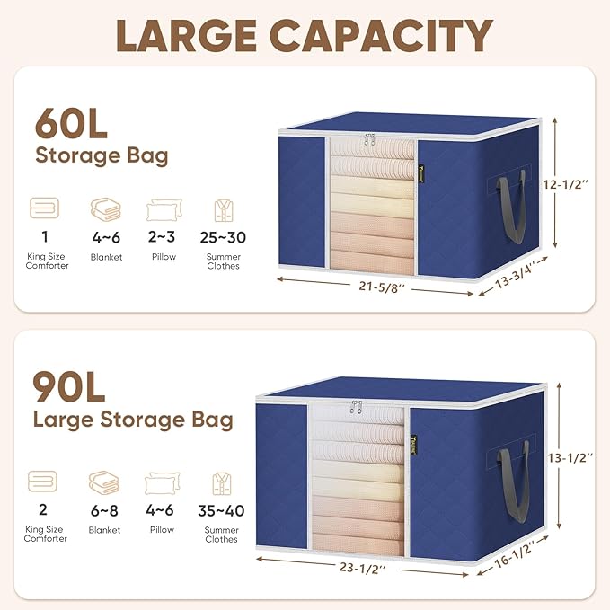 BALEINE 2 Pack Clothes Storage Bags, 24 Gallon Storage Containers with Reinforced Handle, Sturdy Zipper, Closet Organizer for Blanket, Comforter, Pillow, Bedding (Blue, 2 Pack)