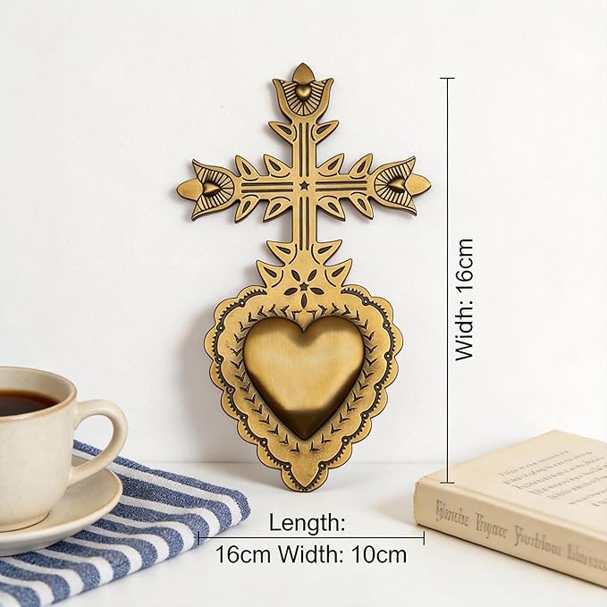 MVTDONT Golden Wall Cross-Saint Heart Miracle Decorative Wall Cross, Antique Gold Heart Design, Vintage Religious Home Deco