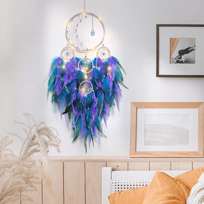 KHOYIME LED Light Up Dream Catcher Half Circle Moon Decor with Lights Handmade Feather Dreamcatchers for Bedroom Bohemian Home Decor Wedding Ornament Craft Gift (Purple&Blue)